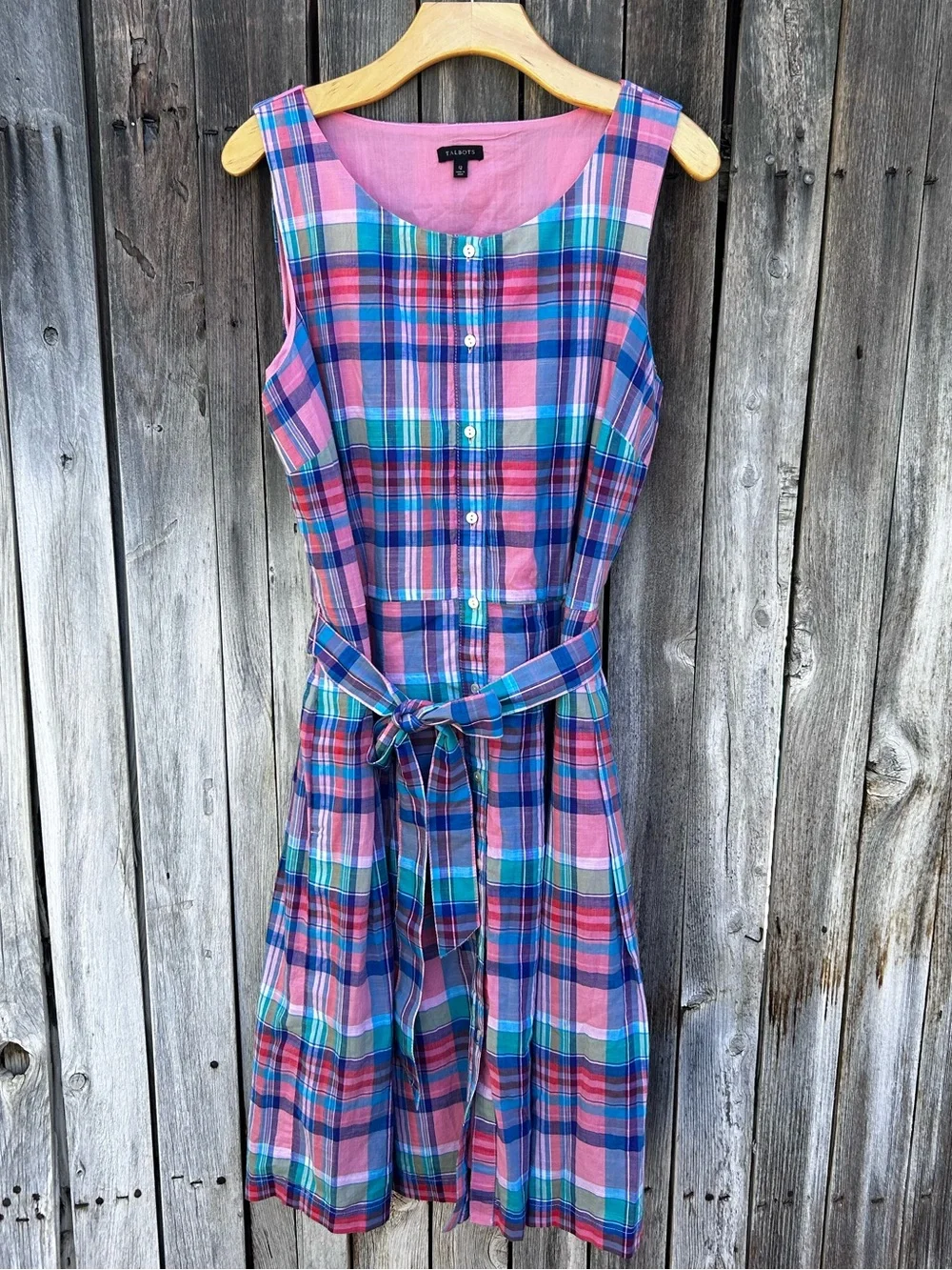 Talbots Madras Plaid Button Front Shirtdress Belted Cotton Pink Blue 12 - Picture 16 of 16